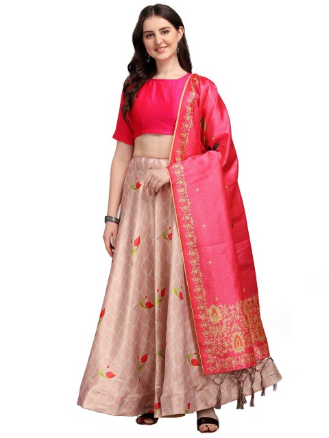 

Fashion Basket Peach-Coloured & Pink Semi-Stitched Lehenga & Unstitched Blouse With Dupatta
