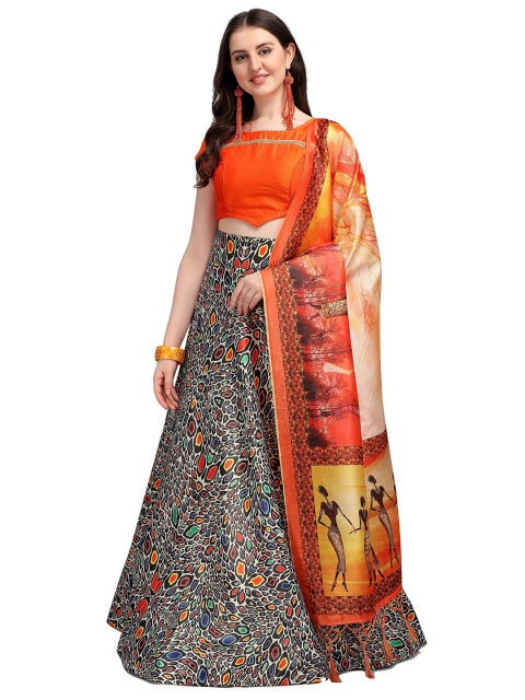 

Fashion Basket Grey & Orange Semi-Stitched Lehenga & Unstitched Blouse With Dupatta