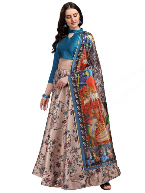 

Fashion Basket Beige & Blue Semi-Stitched Lehenga & Unstitched Blouse With Dupatta