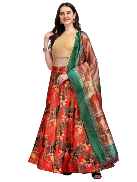 

Fashion Basket Brown & Red Semi-Stitched Lehenga & Unstitched Blouse With Dupatta