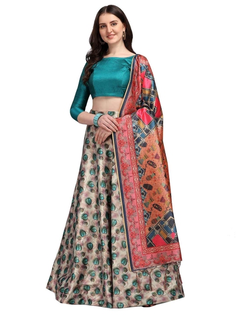 

Fashion Basket Teal & Beige Semi-Stitched Lehenga & Unstitched Blouse With Dupatta