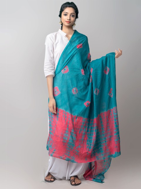 

Unnati Silks Blue & Pink Ethnic Motifs Dyed Pure Cotton Tie and Dye Dupatta