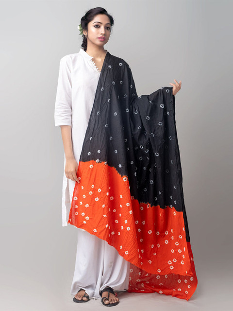 

Unnati Silks Black & Orange Dyed Pure Cotton Tie and Dye Dupatta