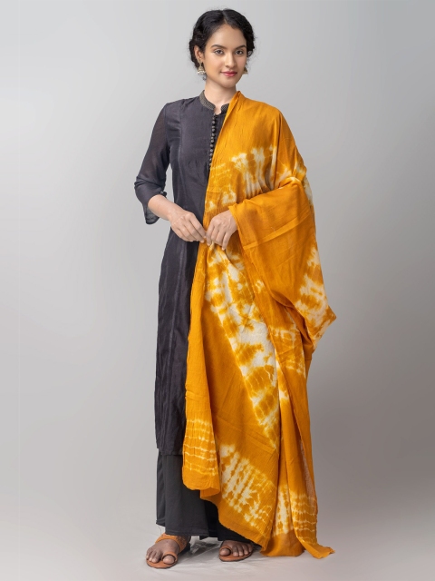 

Unnati Silks White & Yellow Dyed Pure Cotton Tie and Dye Shibori Cotton Dupatta