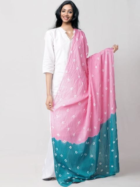 

Unnati Silks Pink & Teal Tie and Dye Bandhani Cotton Dupatta