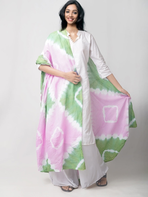 

Unnati Silks Pink & Green Tie & Dyed Shibori Sustainable Pure Cotton Dupatta