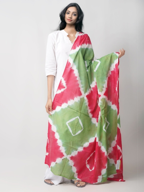 

Unnati Silks Green & Pink Tie & Dyed Shibori Sustainable Pure Cotton Dupatta