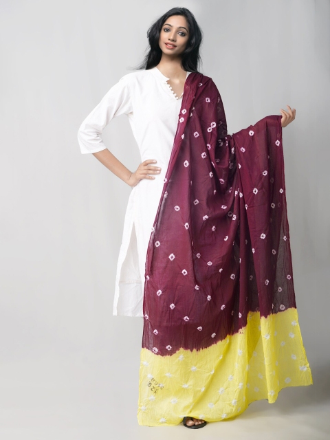 

Unnati Silks Burgundy & Yellow Shibori Pure Cotton Tie and Dye Sustainable Dupatta