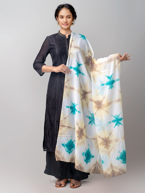 

Unnati Silks White & Blue Dyed Pure Tie-Dye Shibori Cotton Dupatta