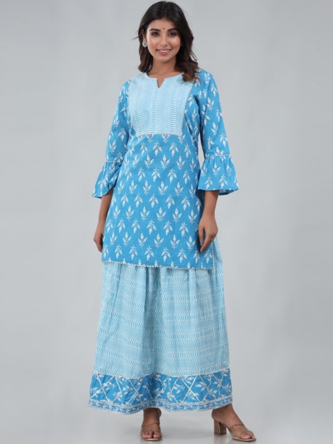 

Chokhi Bandhani Women Blue Printed Panelled Gotta Patti Pure Cotton Kurti with Skirt