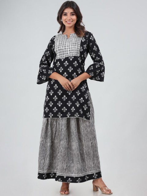 

Chokhi Bandhani Women Black Floral Printed Gotta Patti Pure Cotton Kurta with Skirt