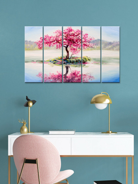 

WALLMANTRA Set of 5 Pink & Blue Cherry Blossom Tree Wall Painting Wall Art