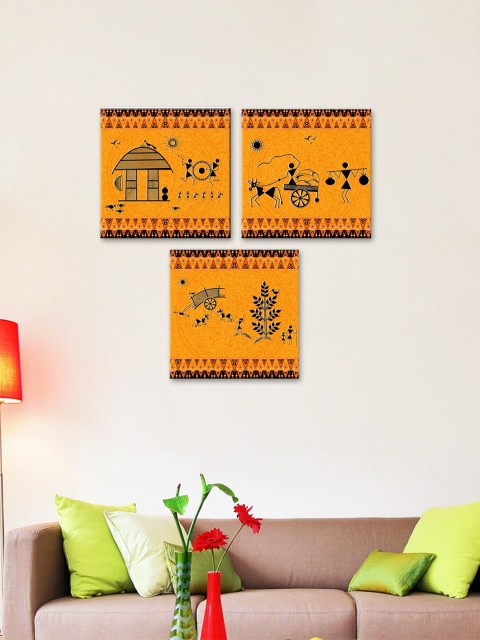 

WALLMANTRA Set Of 3 Multicolored Warli Design Printed Square Shape Canvas Paintings Wall Art, Yellow