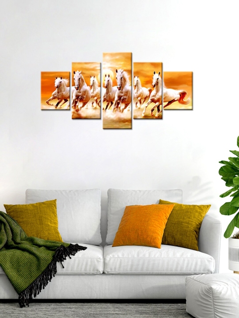 

WALLMANTRA Set Of 5 White & Orange 7 Horse Running Painting Wall Art