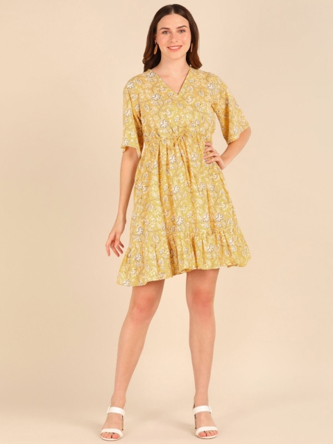 

VEDANA Yellow & White Floral Tiered Dress