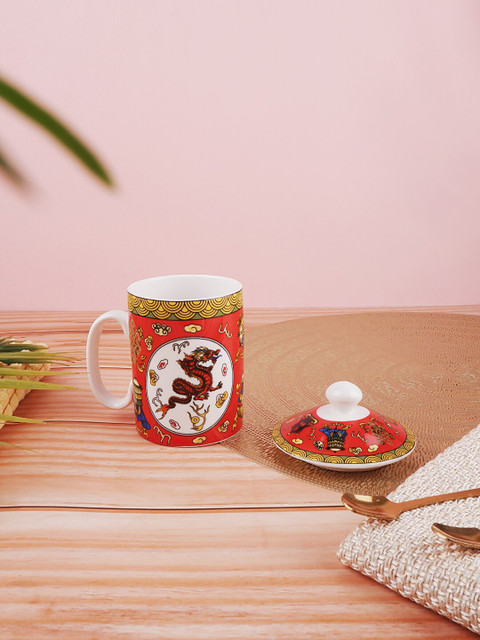 

THE WHITE INK DECOR Red & White Ethnic Motifs Printed Ceramic Glossy Mug With Lid