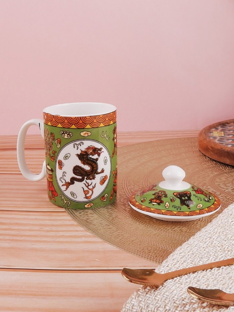 

THE WHITE INK DECOR Green & White Printed Ceramic Glossy Mug with Lid