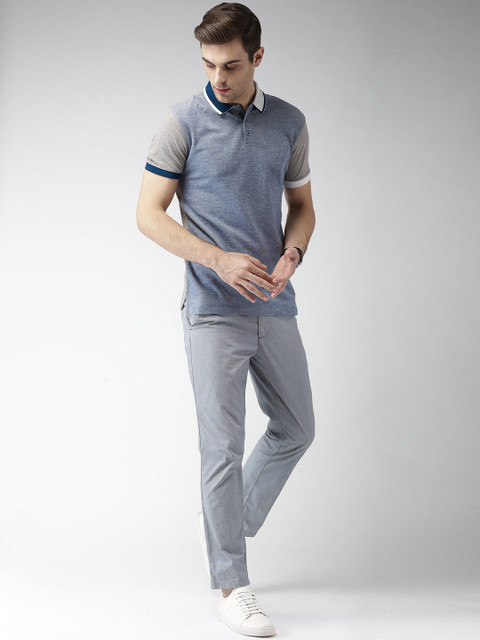 

INVICTUS Men Blue & Grey Melange Self Design Polo Collar T-shirt