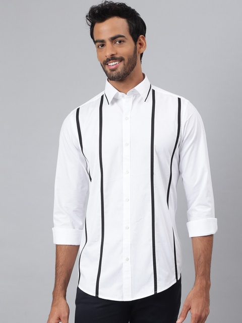 

MR BUTTON Men White Smart Slim Fit Striped Casual Shirt