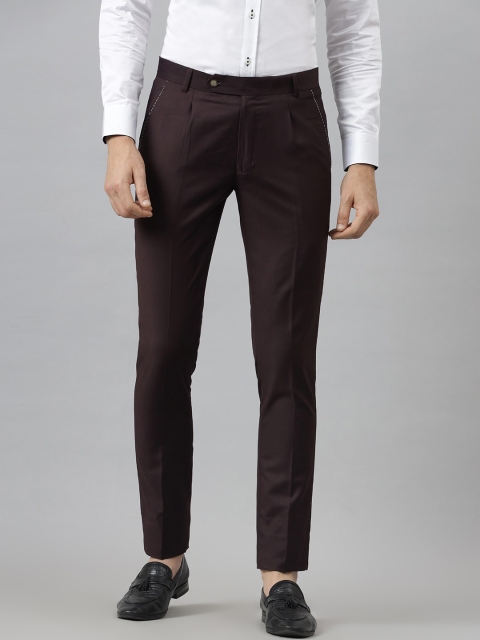 

MR BUTTON Men Burgundy Textured Slim Fit Pleated Formal Trousers