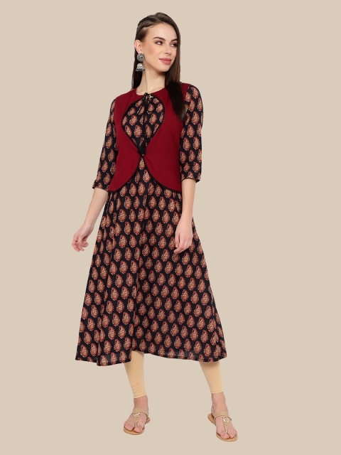 

shashvi Women Brown & Black Paisley Printed Pure Cotton Kurta With Jacket