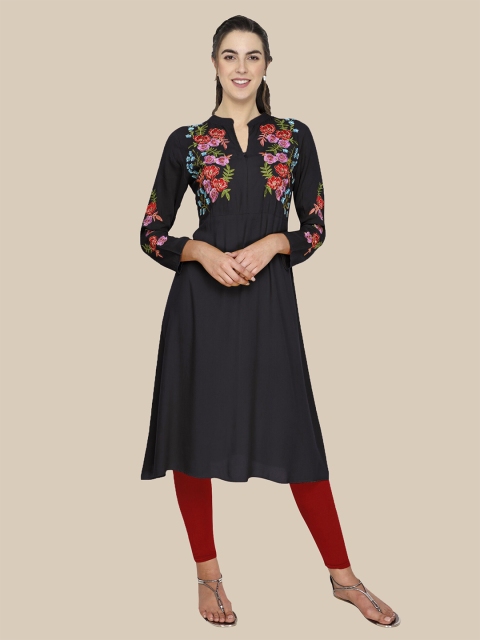 

shashvi Women Black Floral Embroidered Thread Work Kurta