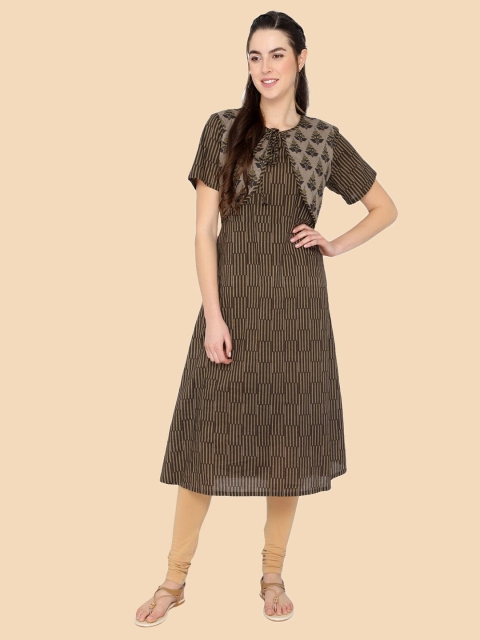 

shashvi Women Khaki Striped Cotton Anarkali Kurta