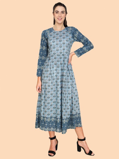 

shashvi Women Blue & White Floral Printed Anarkali Cotton Kurta