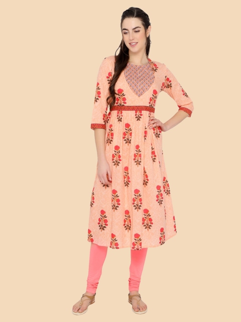 

shashvi Women Peach-Coloured Ethnic Motifs Printed Kurta