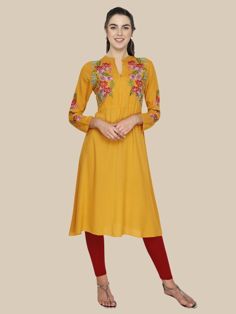 

shashvi Women Mustard Yellow Floral Embroidered Thread Work Floral Kurta