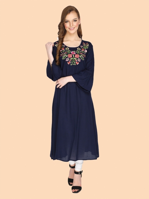 

shashvi Women Navy Blue Floral Embroidered Kurta