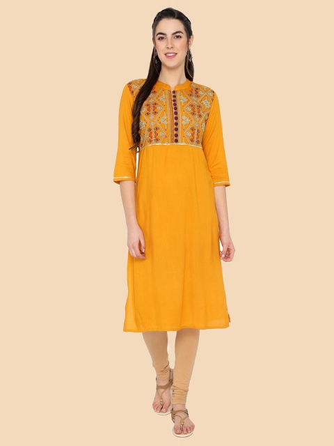 

shashvi Women Yellow & Maroon Ethnic Motifs Embroidered Thread Work Kurta