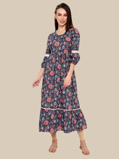 

shashvi Women Blue Floral Printed Pure Cotton Kurta