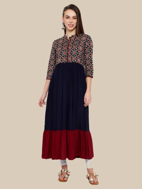 

shashvi Women Navy Blue & Maroon Printed Anarkali Kurta