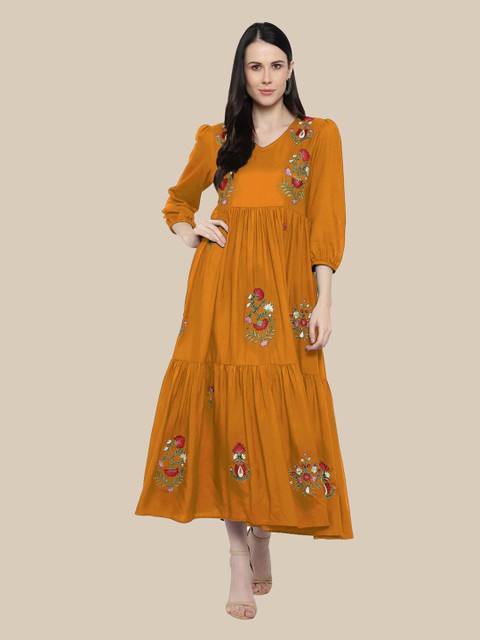 

shashvi Women Mustard Yellow Floral Embroidered Thread Work Anarkali Kurta