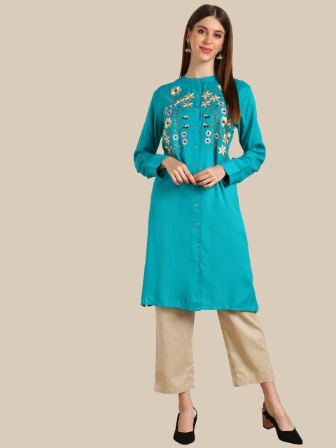 

shashvi Women Teal & White Floral Embroidered Kurta