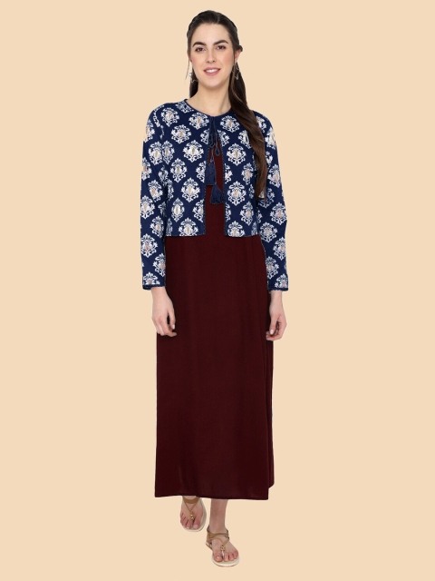 

shashvi Women Blue & Maroon Ethnic Motifs Printed Kurta with Jacket