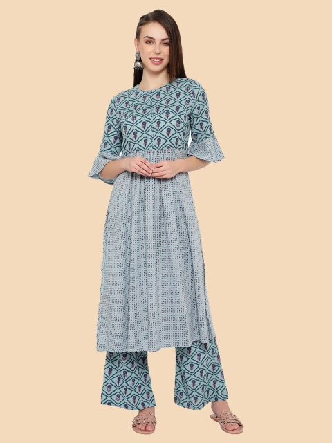 

shashvi Women Blue Ethnic Motifs Printed Pleated Pure Cotton Kurta with Palazzos