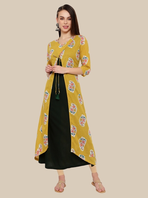 

shashvi Women Yellow & Black Floral Printed Cotton Long Shrug Style A-Line Kurti