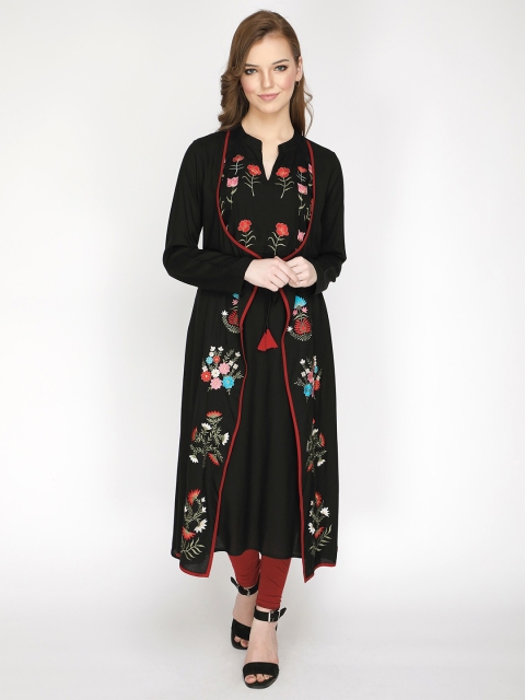 

shashvi Women Black Floral Embroidered Kurta