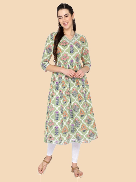 

shashvi Women Green & White Ethnic Motifs Printed Anarkali Cotton Kurta