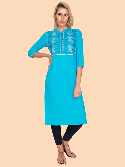 

shashvi Women Turquoise Blue Geometric Thread Work Kurta