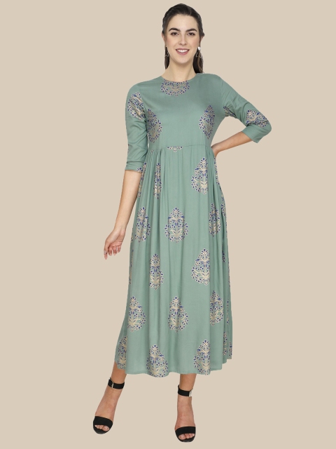 

shashvi Women Green & Blue Floral Printed Anarkali Cotton Kurta