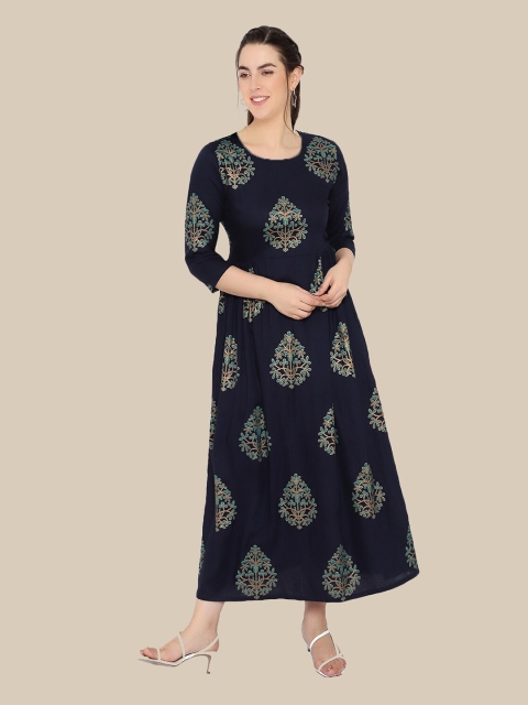 

shashvi Blue Ethnic Motifs A-Line Cotton Midi Dress