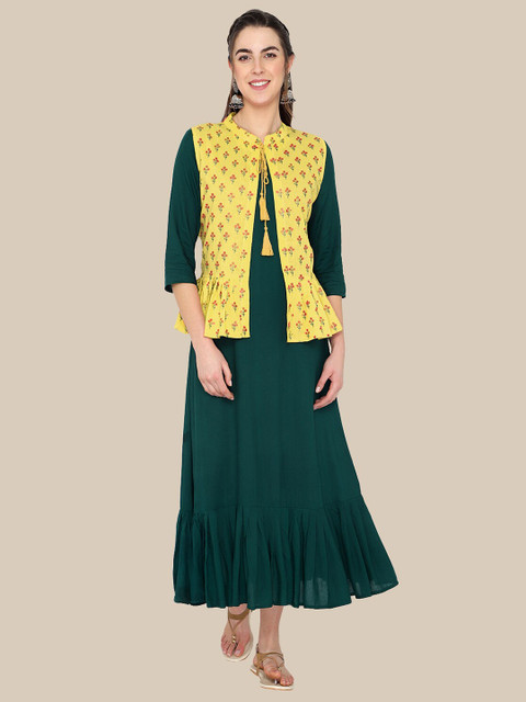 

shashvi Green & Yellow Floral Tie-Up Neck A-Line Maxi Dress With Waistcoat