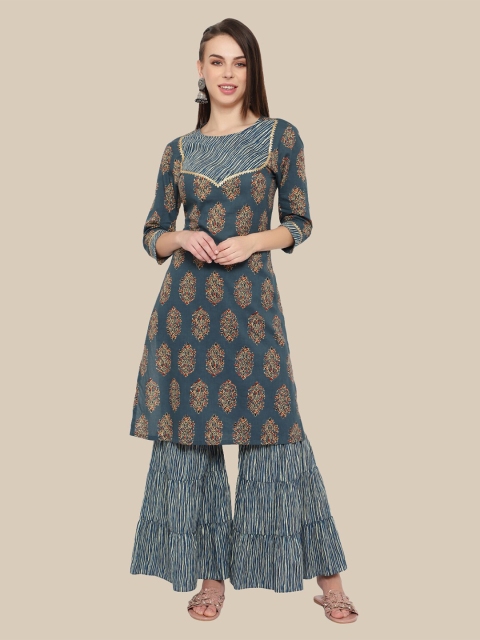 

shashvi Women Grey Floral Printed Gotta Patti Pure Cotton Kurta with Sharara