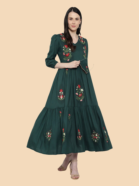 

shashvi Women Green & Red Floral Embroidered Thread Work Anarkali Kurta