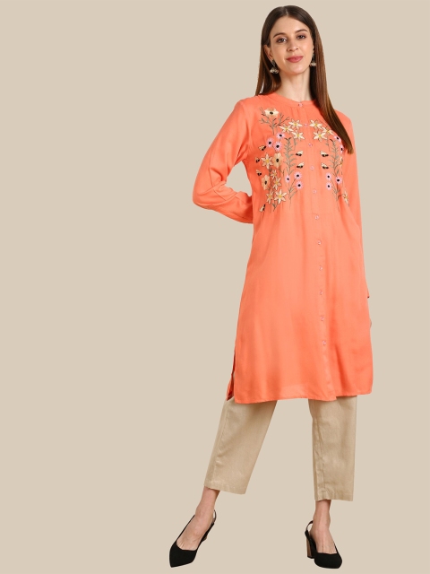 

shashvi Women Peach-Coloured Floral Embroidered Kurta