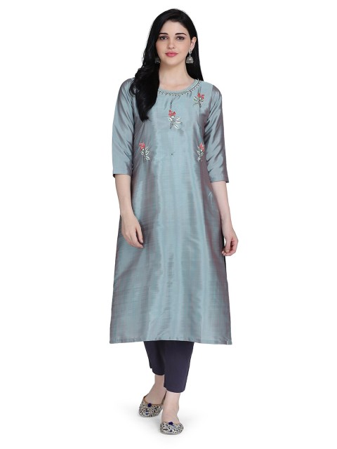 

KALINI Women Turquoise Blue Floral Thread Work Raw Silk Raw Silk Kurta