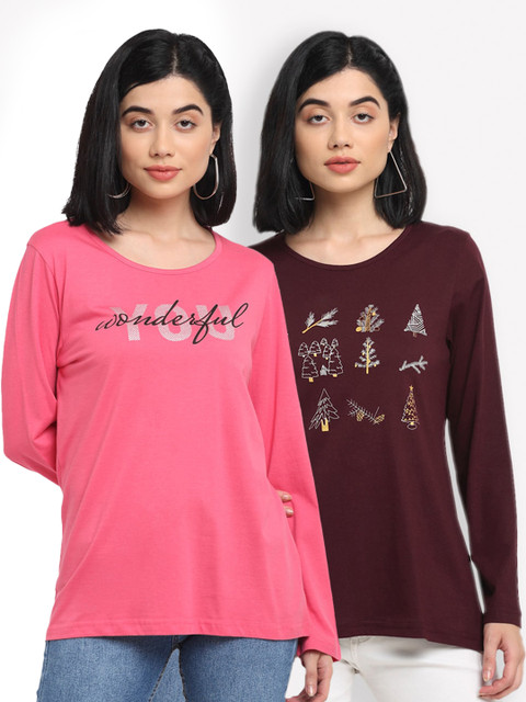 

Kanvin Women Pack Of 2 Printed T-shirts, Pink